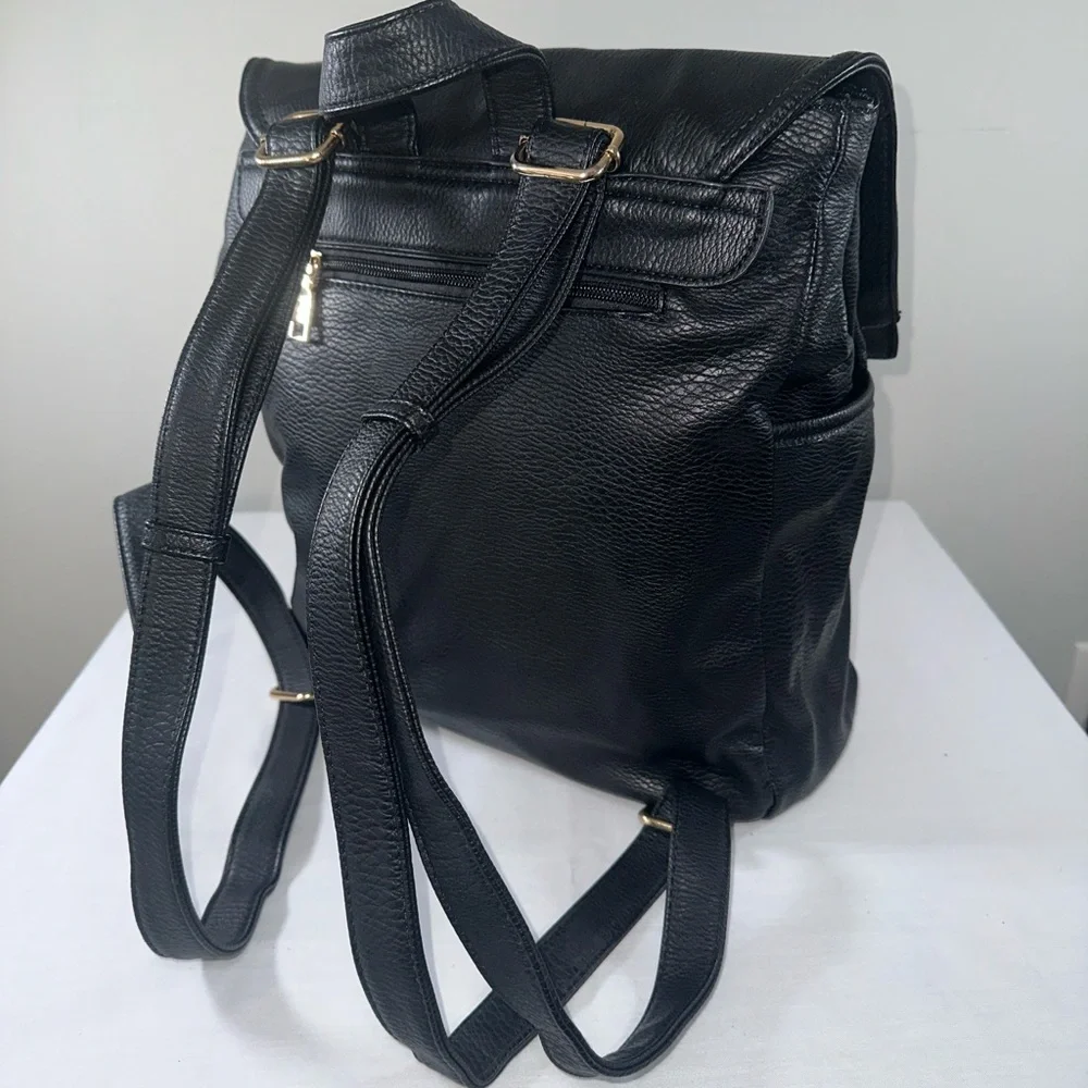Madison West Faux Leather Convertible Backpack Tan and Black Gold Hardware